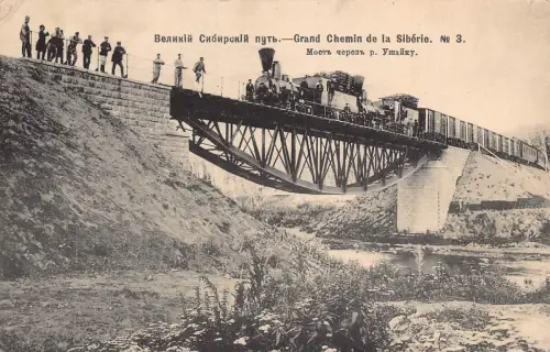 Russland Transsibirische Eisenbahn Brücke Uhaika Fluss Dampflok Nr3 Postkarte B681