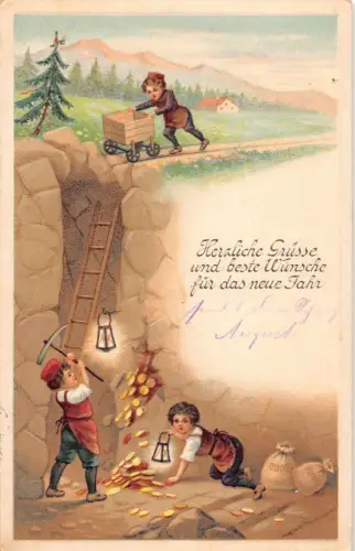 G008 Neujahrsgrüße 1914 Kinder Bergbau Gold Geldtüten Glück Prägung Postkarte