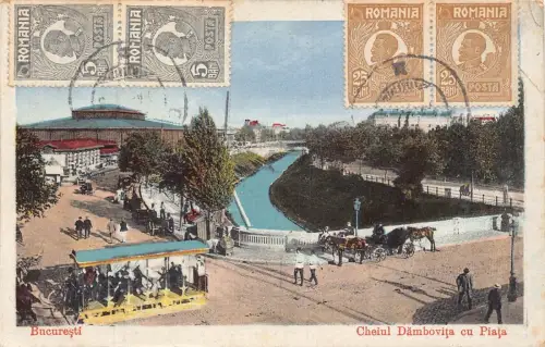 L092 Rumänien 1923 Bukarest Cheiul Dambovitei Markt Pferd gezogen Straßenbahn Postkarte