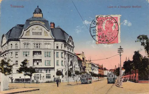 L092 Rumänien 1921 Timisoara Temesvar Straßenbahnen Bäder Vintage Postkarte