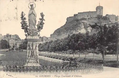 A097 Frankreich 1913 Lourdes Vierge Couronnee et Chateau Schloss Statue Postkarte