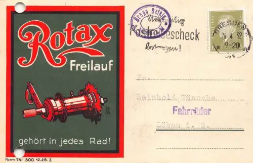 Rotax Fahrrad Komponenten Fabrik in Dresden Werbung 1932 Ganzsache