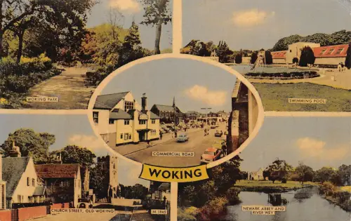 B210 England 1964 Woking Park Schwimmbad Autos Vintage Postkarte