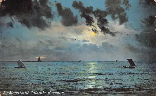 B222 Sri Lanka Ceylon Mondschein Colombo Hafen Meer Boote Vintage Postkarte