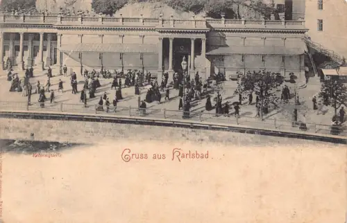 B223 Tschechien Gruss aus Karlsbad Felsenquelle Promenade Karlsbad AK