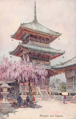 B245 Japan Wistaria Blumen und Pagode Kunst Vintage Postkarte