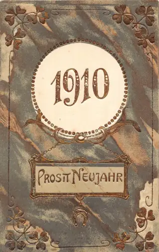 B253 Neujahrsgrüße 1910 Hufeisen Kleeblätter große Zahlen geprägte Postkarte