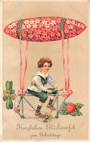 B253 Geburtstag 1909 Junge reitet allegorische Blume Kleeblatt Flugmaschine Postkarte