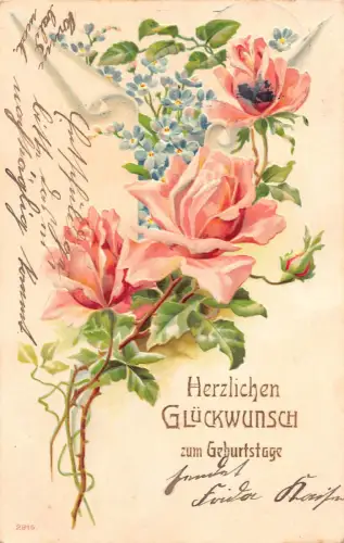 B253 Geburtstagsgrüße 1906 Rosen Vergissmeinnicht Blumen Prägepostkarte