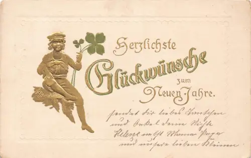 B252 Neujahrsgrüße 1915 Mädchen hält Kleeblatt geprägte Postkarte