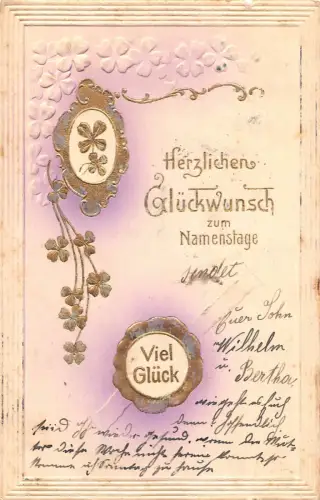 B253 Namenstag Grüße 1904 Kleeblätter Wachssiegel Prägepostkarte