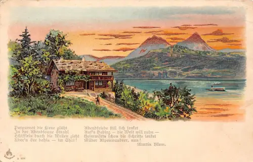 B252 Natur Sonnenuntergang Blick Berge See Hütte Dampfschiff Gedicht von M Blum Postkarte