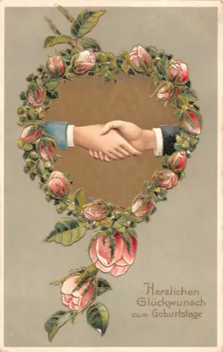 B253 Geburtstagsgrüße 1910 Hände über Rosen Passepartout Prägepostkarte