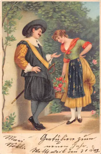 B254 Liebesroman 1902 Mittelalter Paar Bauernmädchen Rosengarten Postkarte