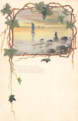 B255 Meerblick Segelboote Blätter Passepartout Goethe Gedicht Postkarte