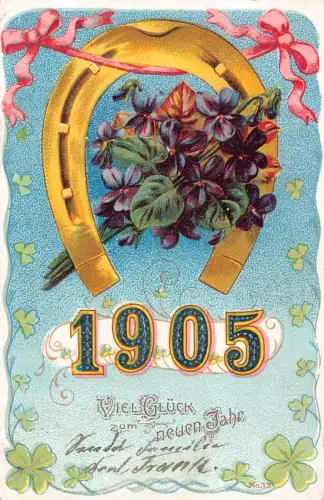 B255 Neujahrsgrüße 1905 Hufeisen violette Kleeblätter Bänder Postkarte
