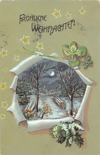 B258 Weihnachtsgrüße 1906 Sterne Kleeblatt Passepartout Mondschein Postkarte