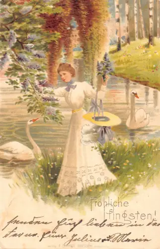 B256 Pfingstgrüße 1901 Dame versammelt Lilia Blumen Schwäne See Postkarte