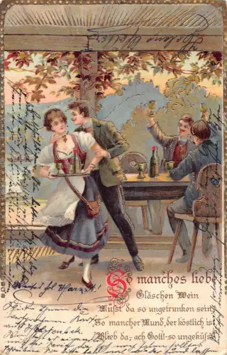 B256 Liebesroman 1904 Mann flirtet mit Kellnerin im Restaurant Postkarte