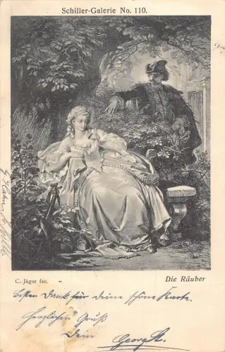 B258 Kunst von C Jaeger 1905 Die Raeuber Schiller Galerie Flirten Romantik Postkarte