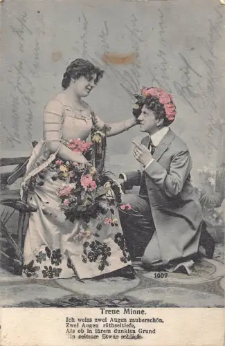 B258 Liebesroman 1905 Mann schlägt Frau vor Blumenkleid Paar Postkarte