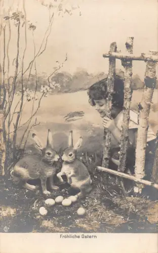 Ostergrüße Kind Junge Hasen Eier Fotomontage Vintage Postkarte C318