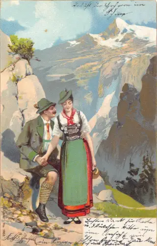B258 Volkszugehörigkeit 1903 deutsches Paar flirtet Trachten Berg Postkarte