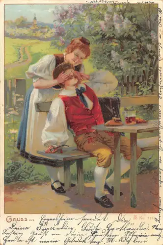 B258 Gruss aus 1901 Deutsches Paar macht Witze Pfeife rauchen Ethno Postkarte