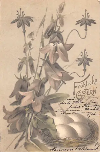 B258 Ostergrüße 1903 Glockenblumen Eiernest Vintage Postkarte