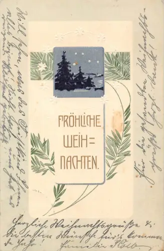 B258 Weihnachtsgrüße 1904 Tannen Sterne Nacht geprägte Postkarte