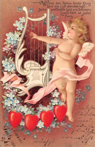 B258 Liebesroman 1903 Amor Cherub Leier Vergissmeinnicht Herzen Prägepostkarte