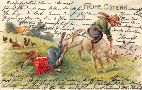 B259 Ostgrüße 1905 Humanisiertes Kaninchen reitend Lamm Henne Prägepostkarte