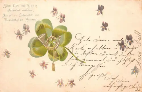 B259 Glücksgrüße 1900 Veilchen Kleeblatt Posthorn Prägepostkarte