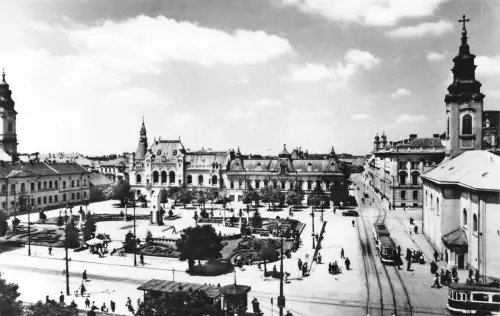 B260 Rumänien Oradea Nagyvarad Piata Victoria Square Straßenbahn RPPC Postkarte