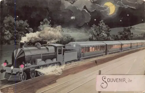 Frankreich Souvenir Mondschein Dampfeisenbahn Eisenbahn Vintage Postkarte C322