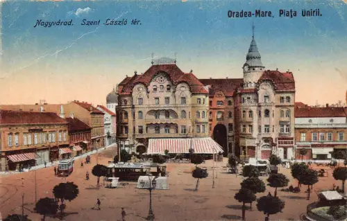 B260 Rumänien Oradea Mare Nagyvarad Piata Unirii Szent Laszlo ter Straßenbahn Postkarte