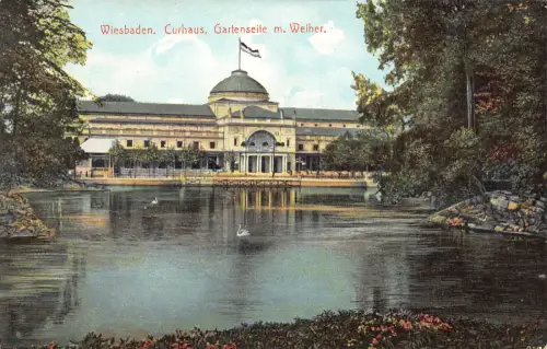 B263 Deutschland 1910 Wiesbaden Curhaus Gartenseite m Weiher Vintage Postkarte