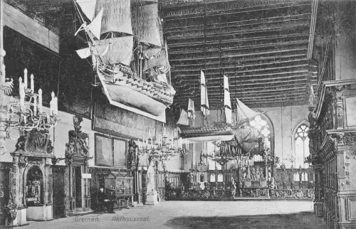 B264 Deutschland 1909 Bremen Rathaussaal Rathaus Boote Vintage Postkarte