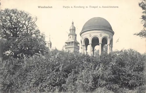 B265 Deutschland 1909 Wiesbaden Partie a Neroberg m Tempel Aussichtsturm AK