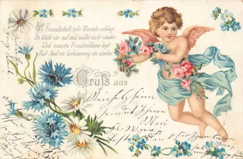 Freundschaft Gruss aus 1903 Engel fürsorgliche Rose Vergissmeinnicht Girlande Gänseblümchen Postkarte