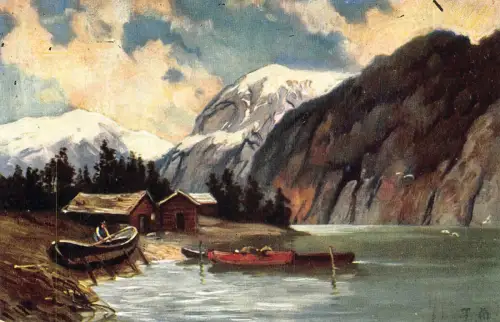 Boot am Ufer Kanu-Lodges von Holzklippen See Kunst von Bayerlein Vintage Postkarte