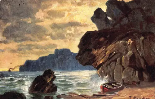 Kunstboot am Meer Ufer Klippen dunkle Wolken Vintage Postkarte