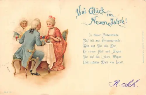 L370 Neujahrsgrüße 1898 Gedicht Fest Abendessen Vintage Postkarte