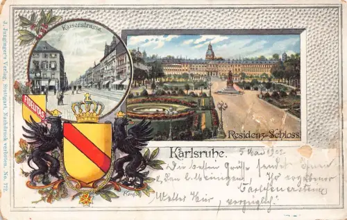 L368 Deutschland 1902 Karlsruhe Wappen Residenz Schloss Kaiserstraße AK