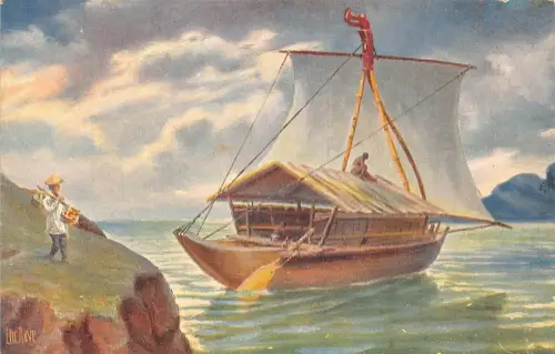L369 Schiffe Segelboot mit Schilfverdeck Indien signiert Ch Rave Vintage Postkarte
