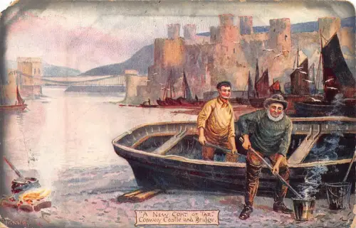 L368 Wales 1905 New Coat of Tar Conway Castle Bridge Jungen Boot Postkarte