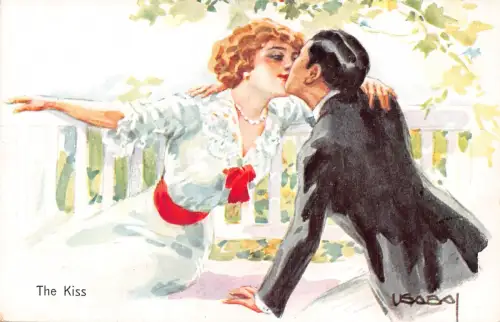 Liebesromantik Paar Kuss im Garten auf Bank Kunst von L Usabal Postkarte C327