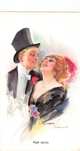 Liebesromantik elegantes Paar flirtet Hochgeister Kunst von L Usabal Postkarte C327