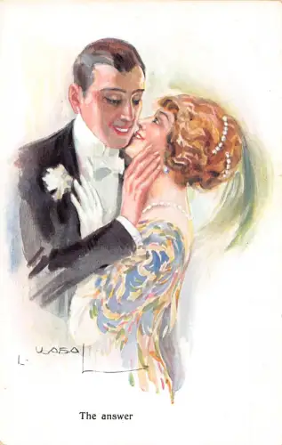 Liebesroman elegantes Paar flirtet die Antwort Kunst von L Usabal Postkarte C327