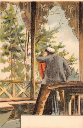 Liebesromantik Paar küsst im Musikpavillon Wald Vintage Postkarte C327